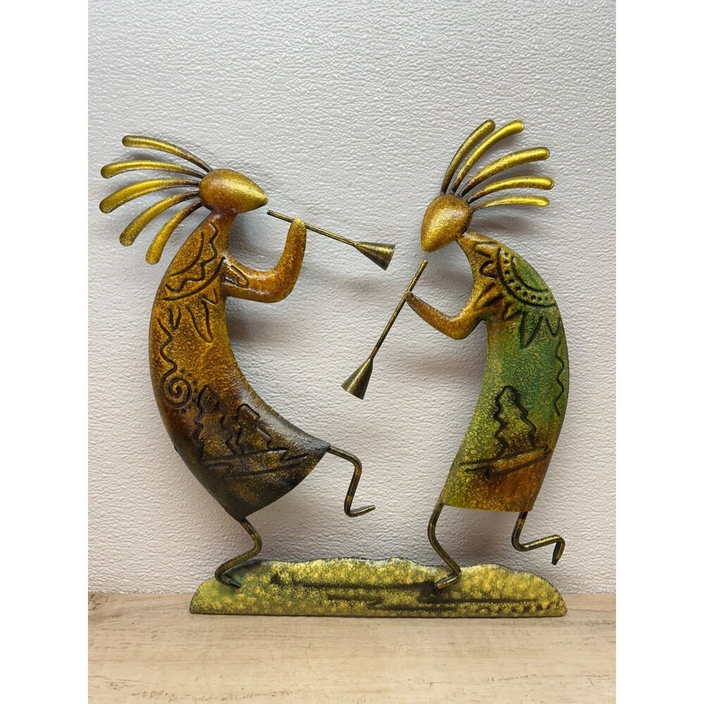 Vtg Tin Art Kokopelli Dancers With Flutes Metal Wall Decor Handmade 15" Tall